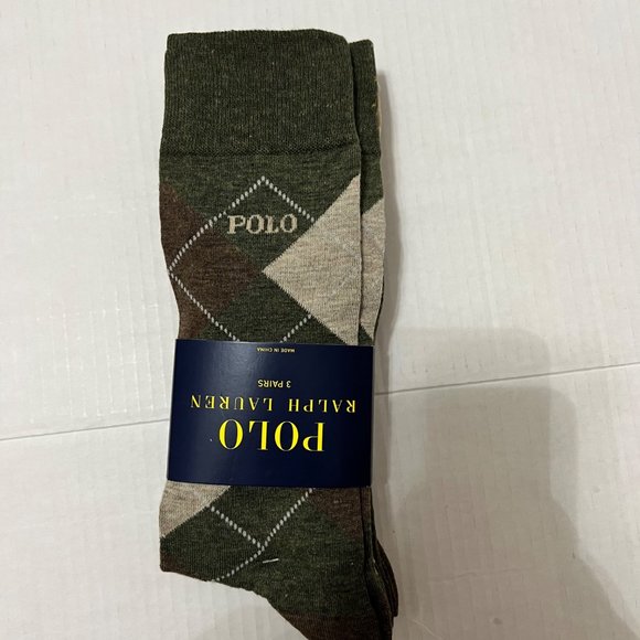 Polo Ralph Lauren 3-Pack Dress Socks 3 Pairs Crew Argyle Striped Socks Green/Tan - Picture 3 of 7